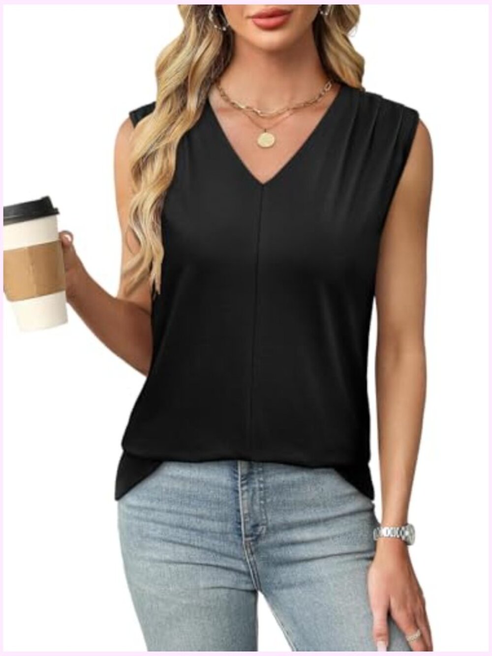 Loose Fit Pleated V Neck Sleeveless Blouse Tank Top - Picture 2 of 6